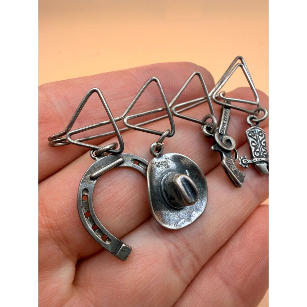 Rare 1980s Sterling Silver Cowboy Bar Pin - Charms